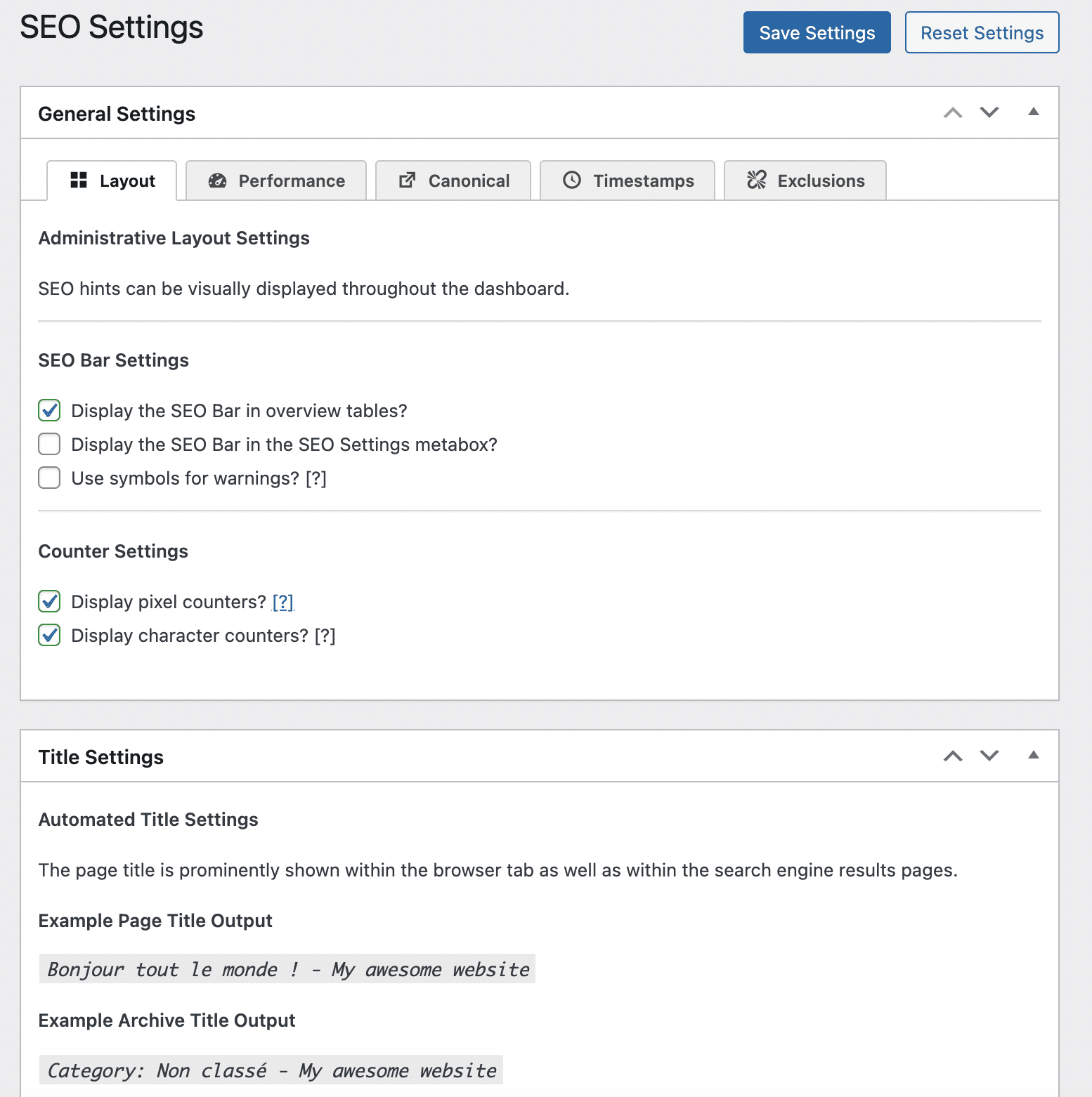 Configuración para el plugin de WordPress The SEO Framework.