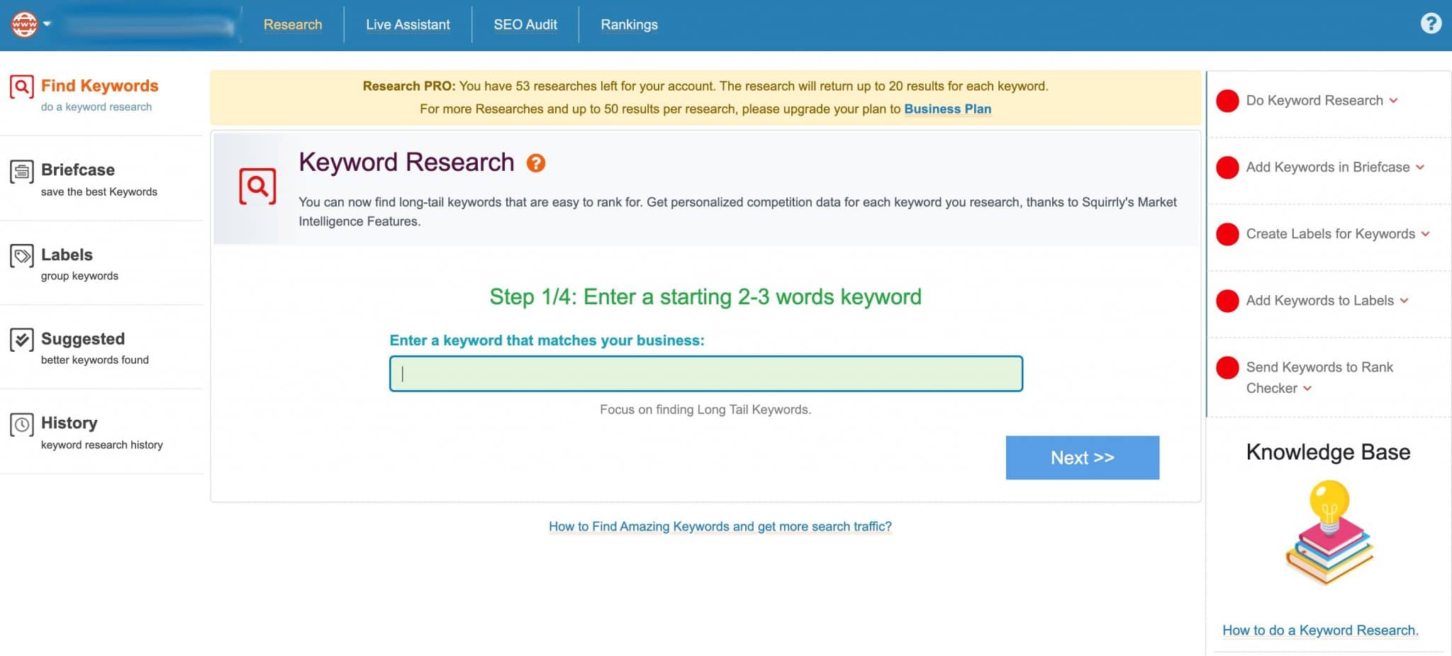 Tablero Squirrly con la investigación de palabras clave.