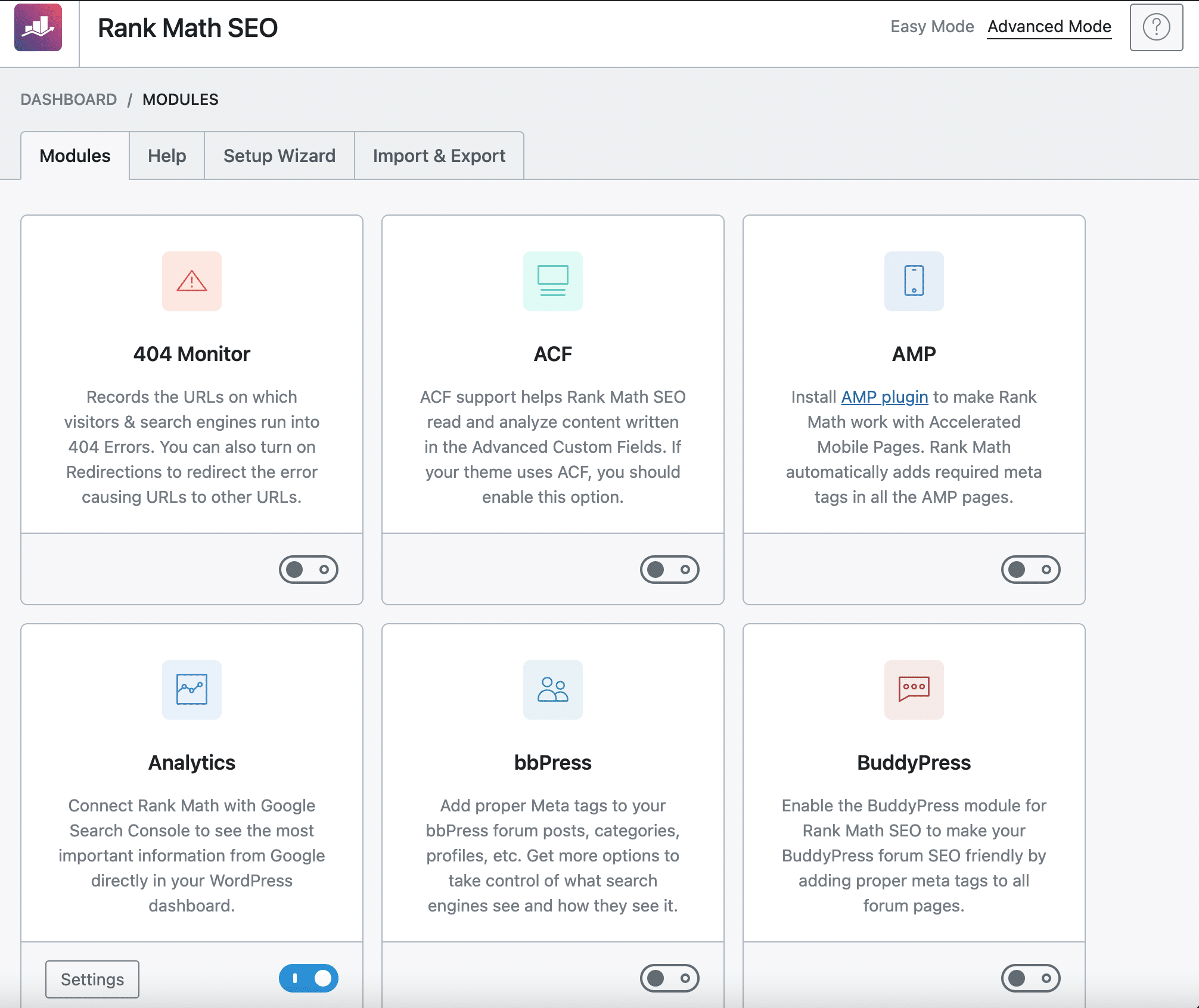 Rank Math le permite activar los módulos de SEO con un solo clic.