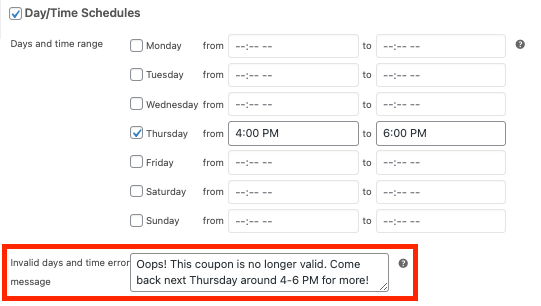 day-time-scheduler-error-message - 高级优惠券 Invalid days and time error message