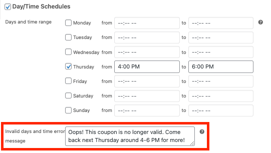 Invalid days and time error message