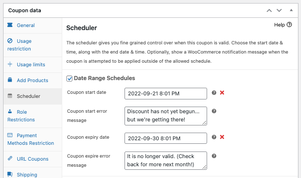 date-range-schedules - 高级优惠券 You can customize the error messages
