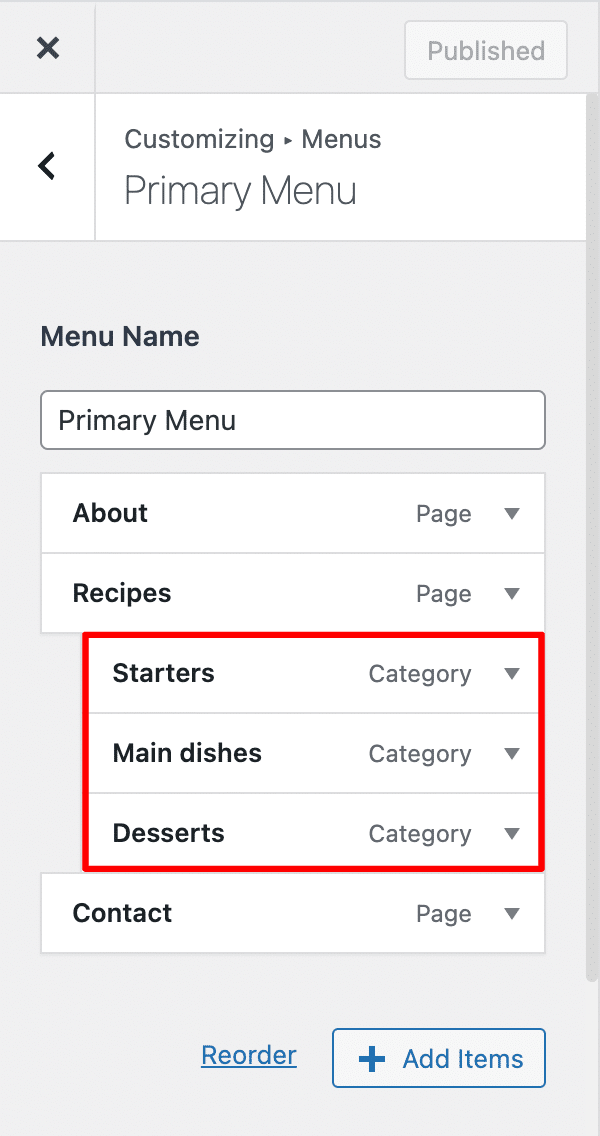 WordPressメニューにサブメニューを作成します。