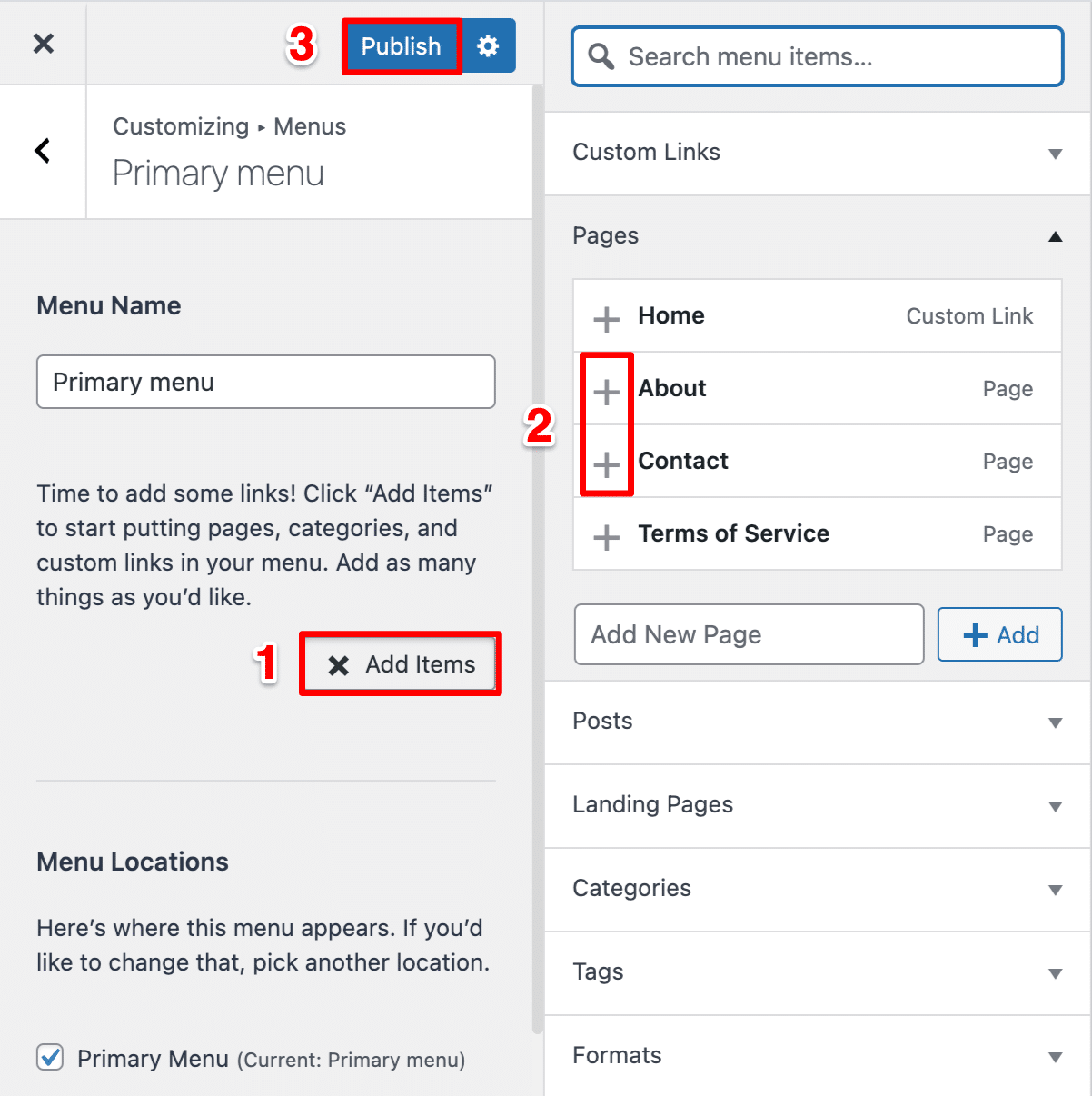 WordPressメニューにページを追加します。