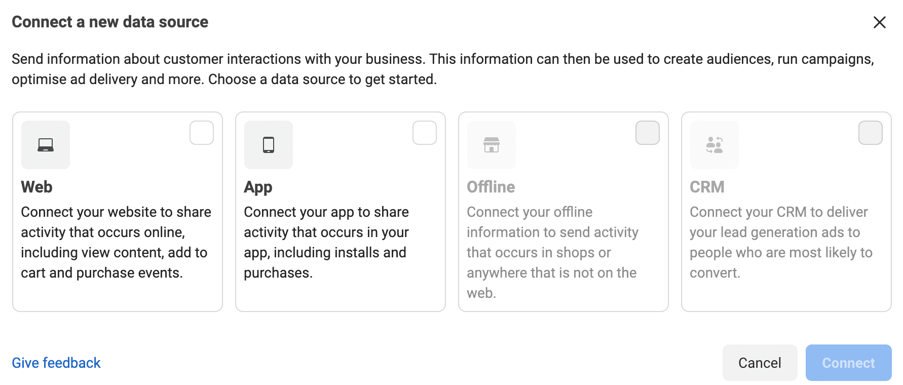 Подключите новый источник данных в Facebook Events Manager для пикселя Facebook.