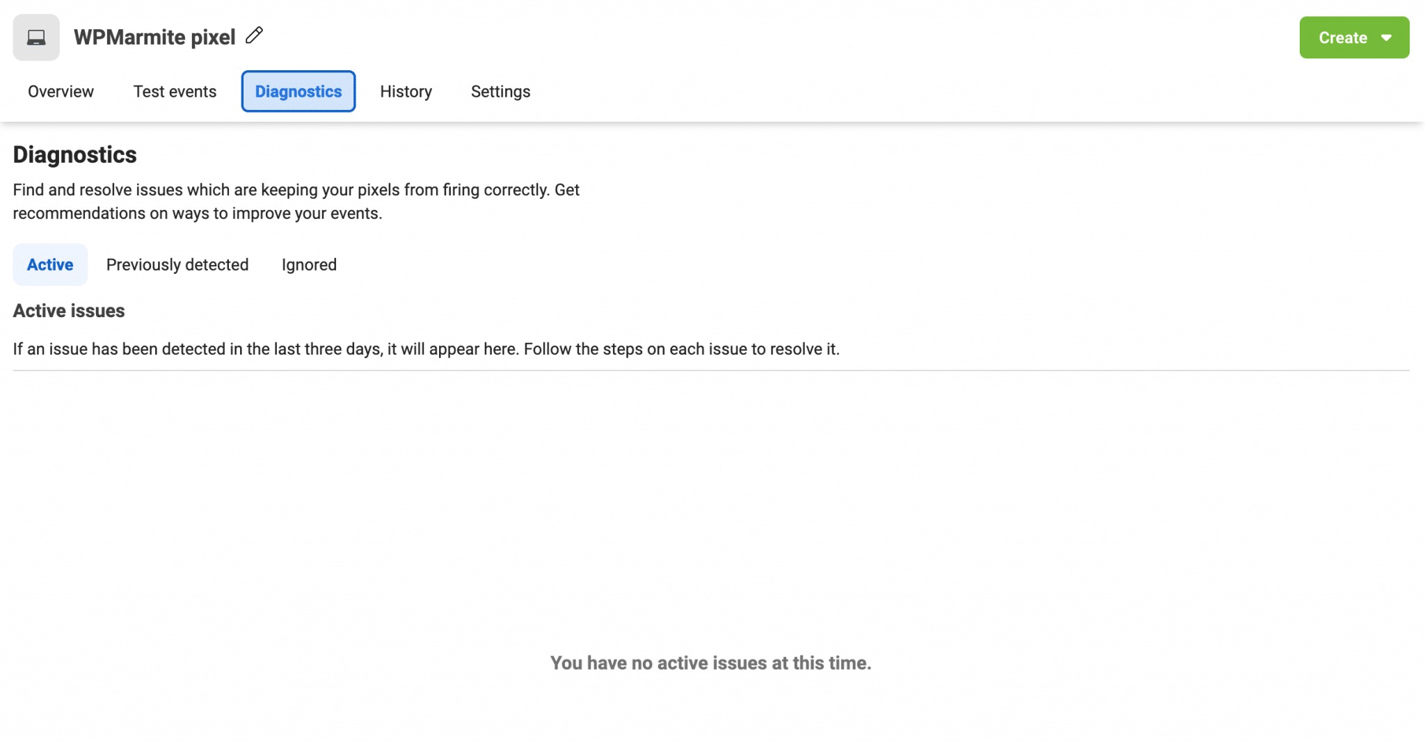 Вкладка «Диагностика менеджера событий Facebook» без активной проблемы.