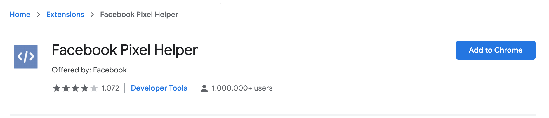 Вспомогательное расширение для пикселей Facebook в интернет-магазине Chrome.