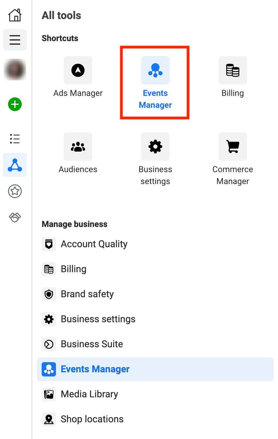Доступ к настройкам Events Manager для пикселя Facebook.