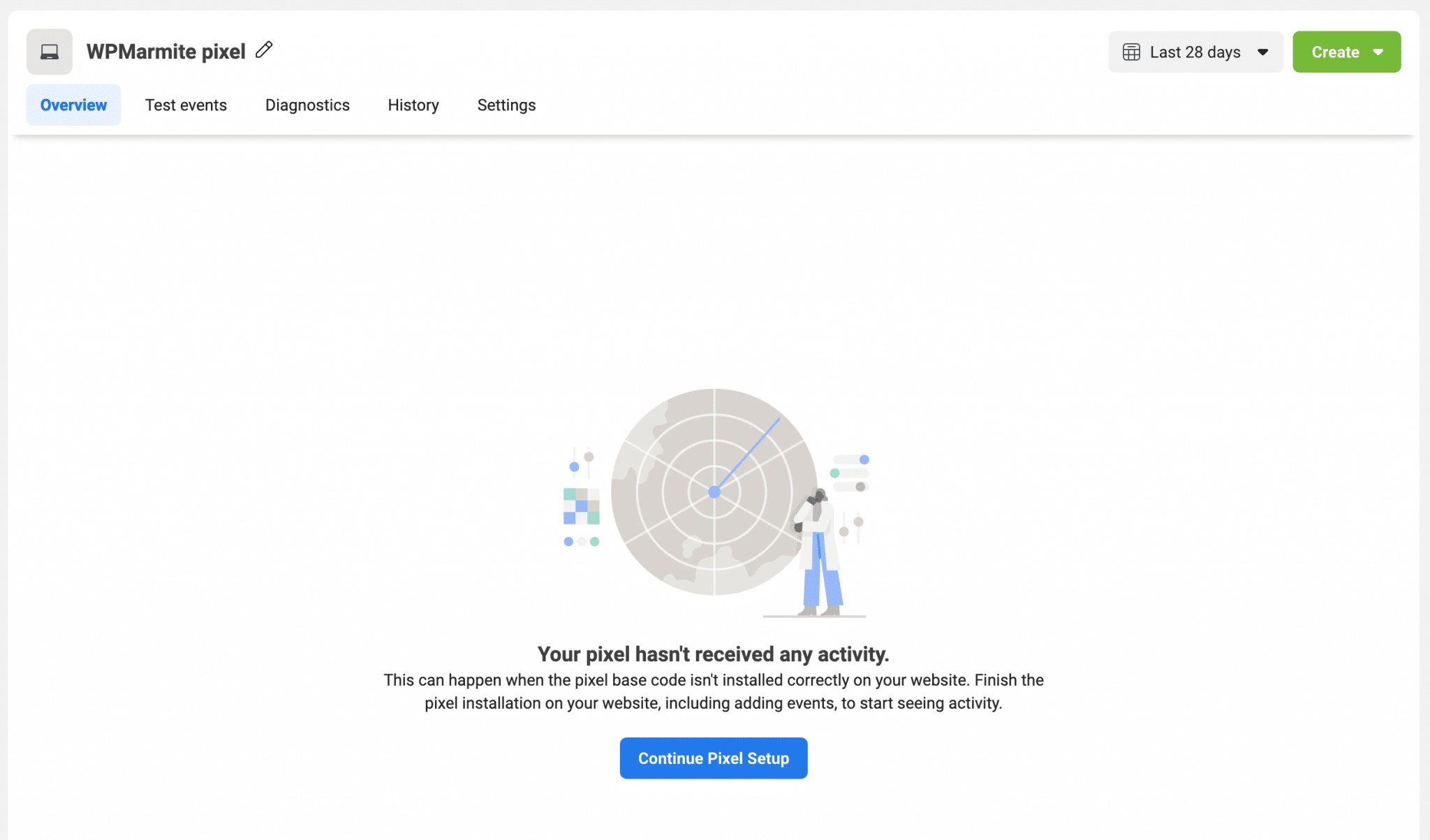 Кнопка «Продолжить настройку пикселей» в менеджере событий Facebook.