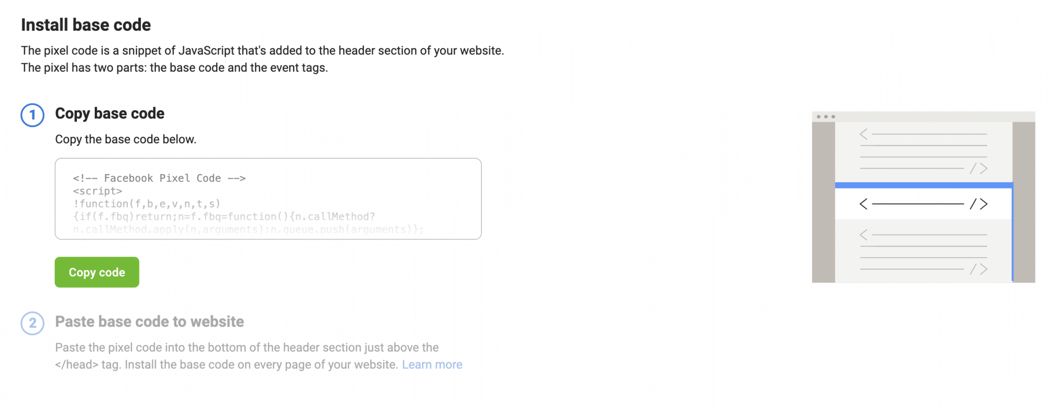 Скопируйте базовый код пикселя Facebook.