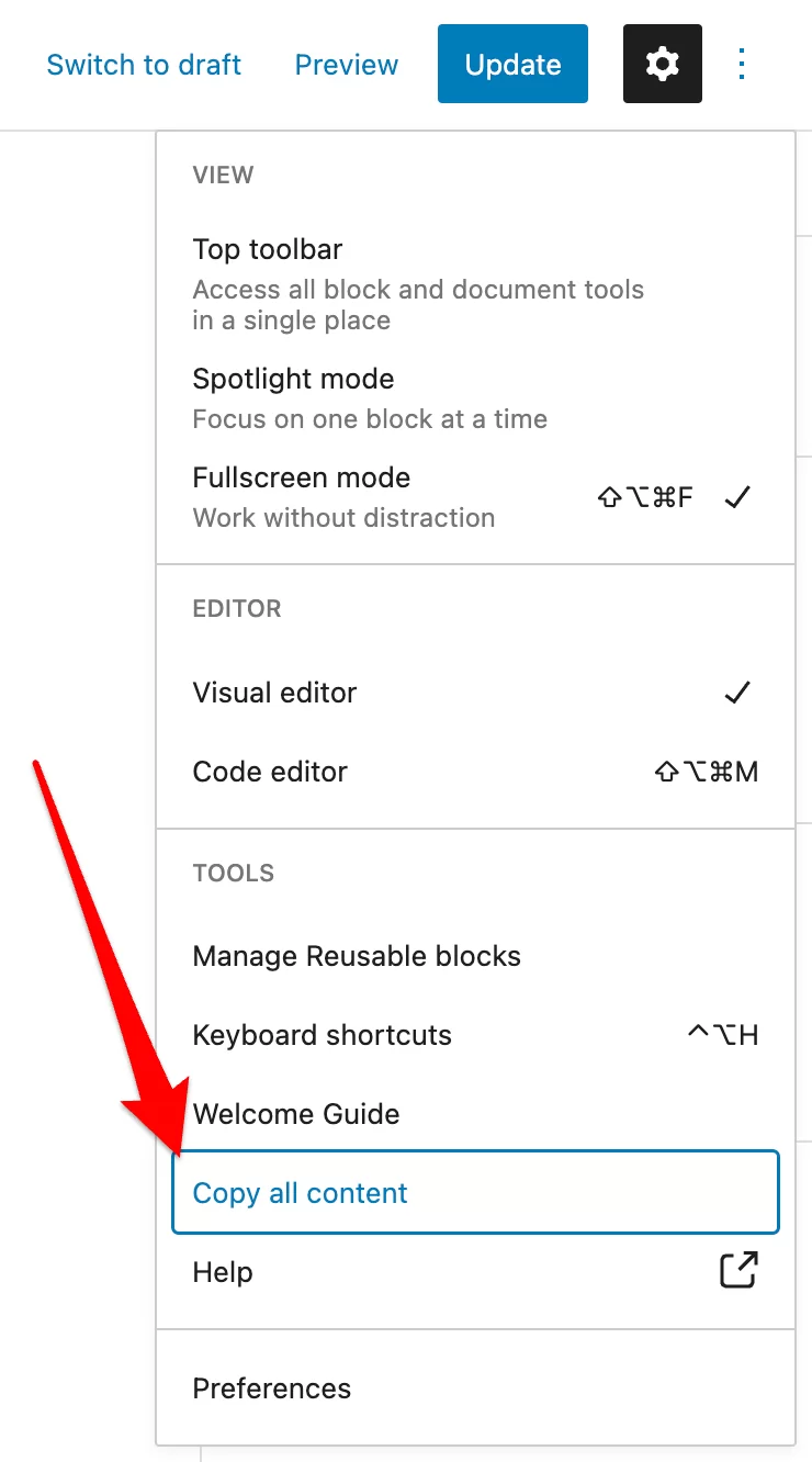 Copie todo el contenido de una página o publicación en el editor de WordPress.