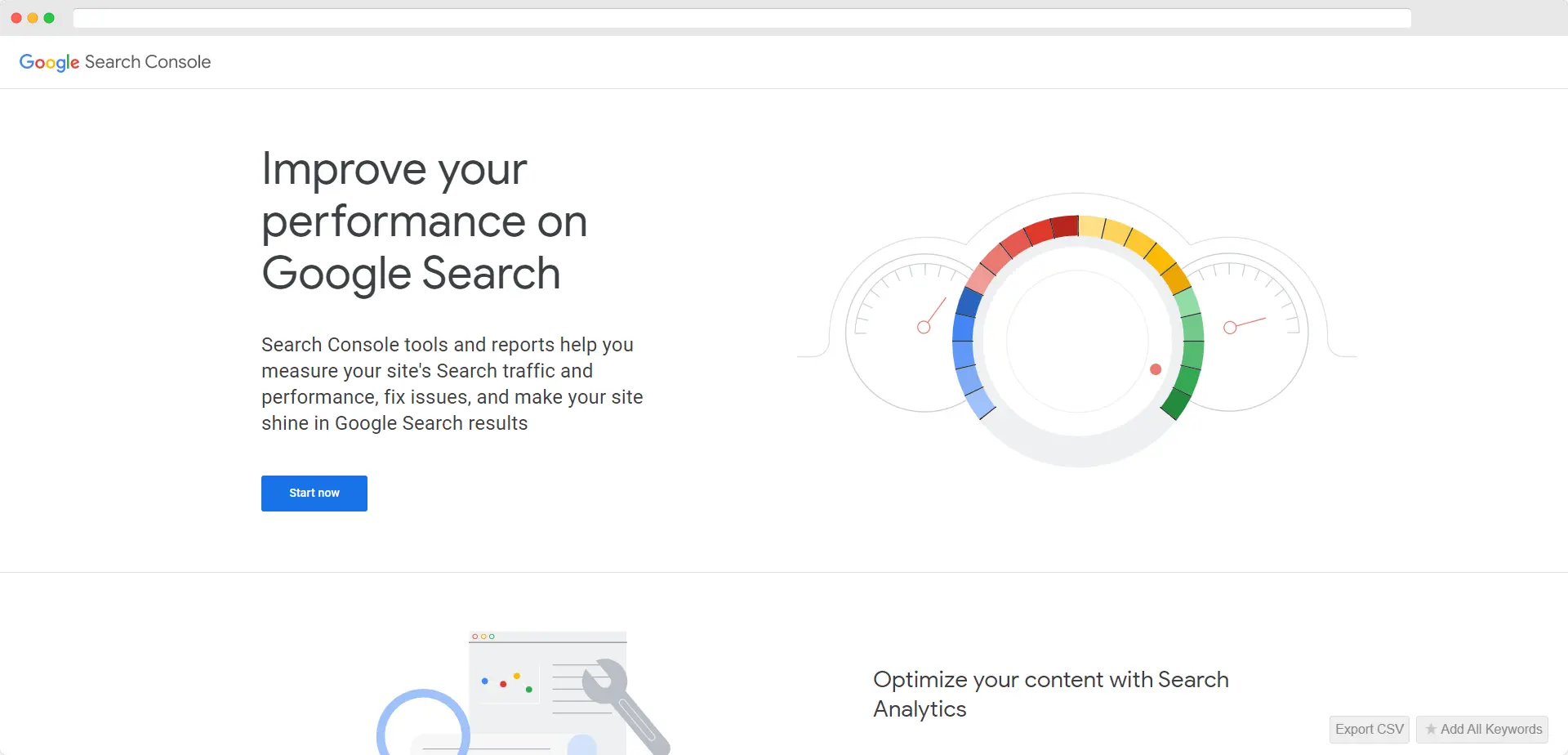 Página de inicio de la consola de búsqueda de Google
