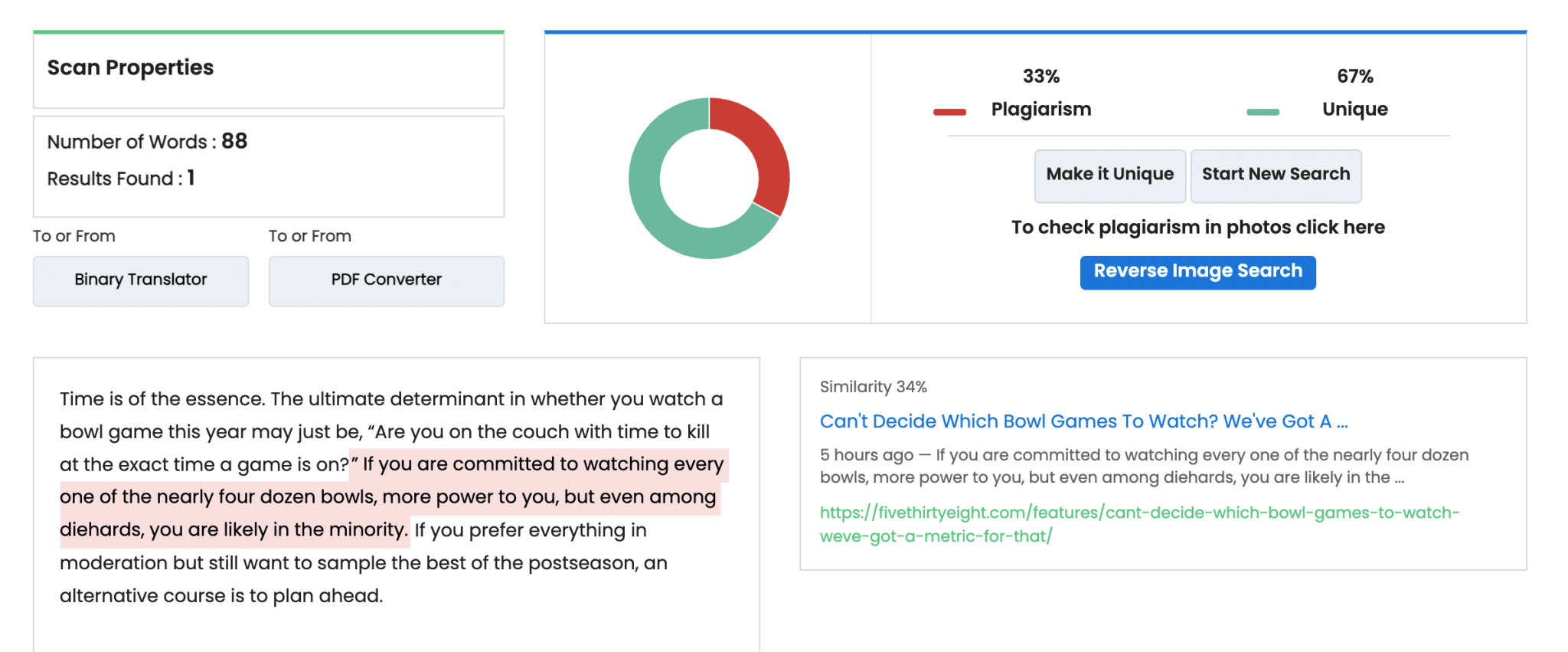 DupliChecker, yinelenen içerik için bir benzerlik oranı sağlar.