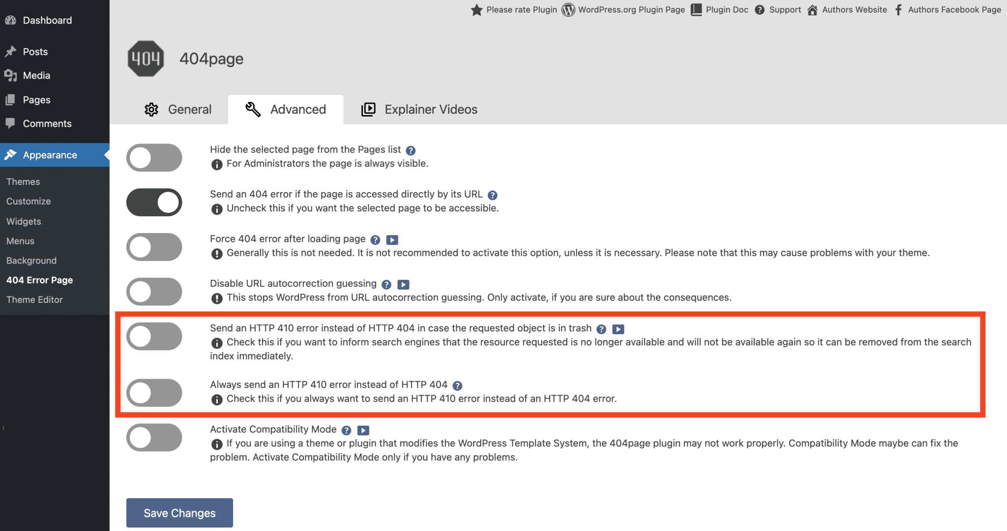 404 hatası yerine 410 hatası göndermek için WordPress 404sayfa eklentisinin gelişmiş ayarları.