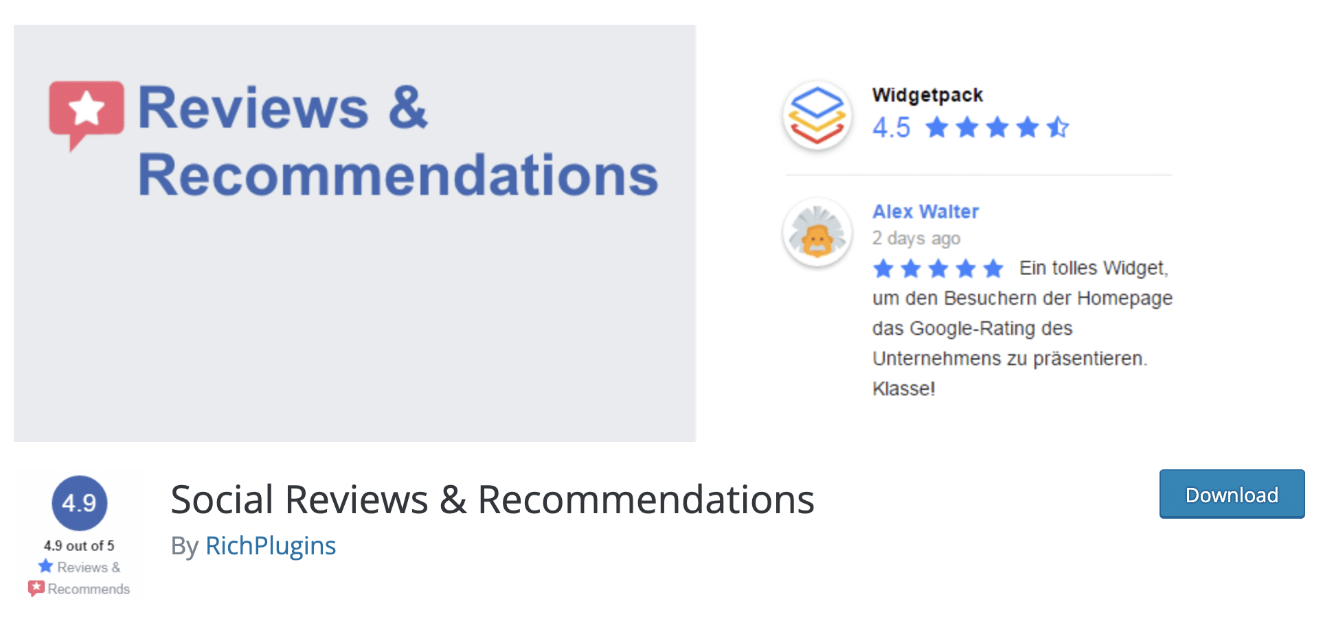 公式のWordPressリポジトリにダウンロードするSocialReviews&Recommendationsプラグイン。