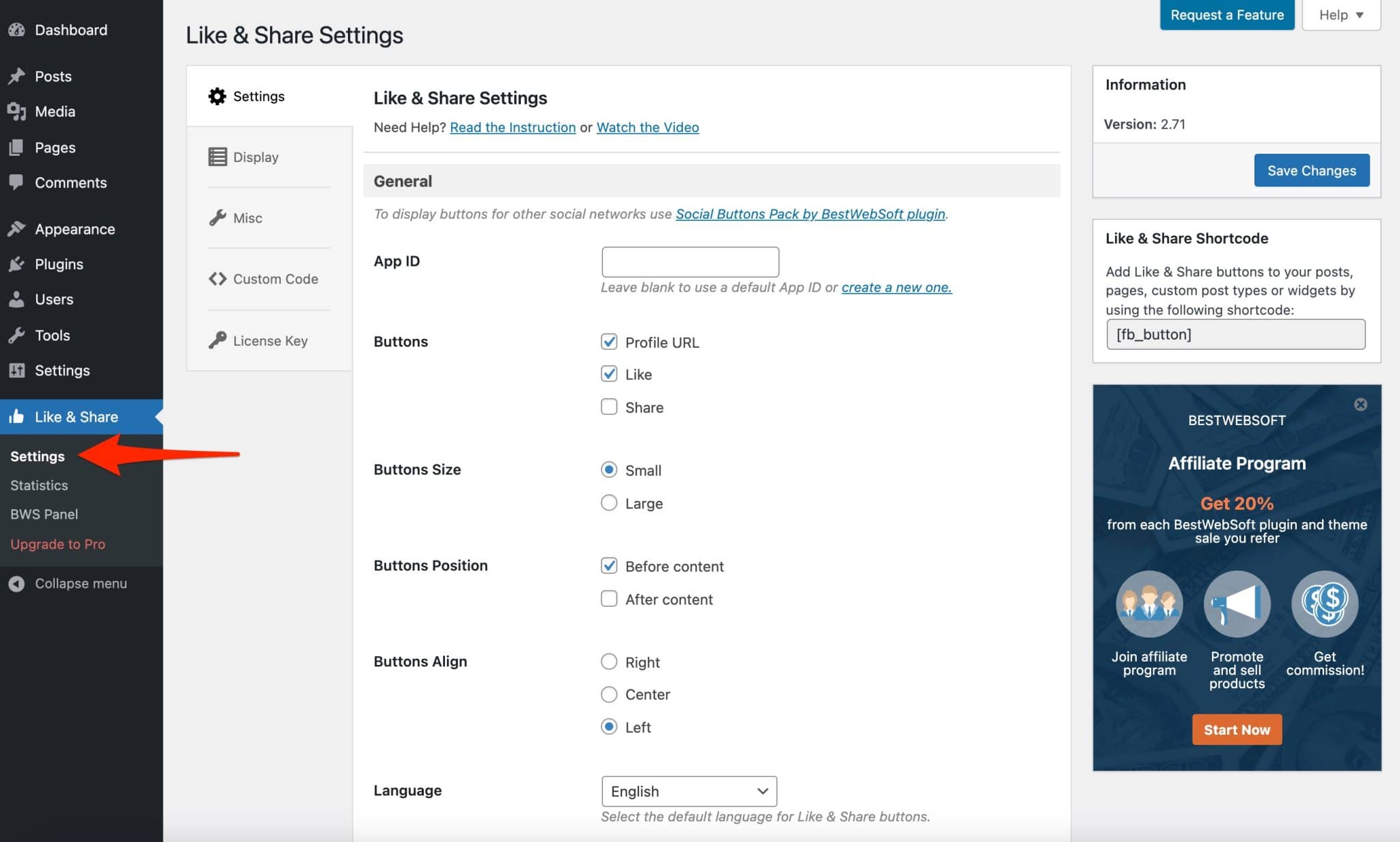 WordPressをFacebookにリンクするためのBestWebSoftのLike&Shareプラグイン設定。