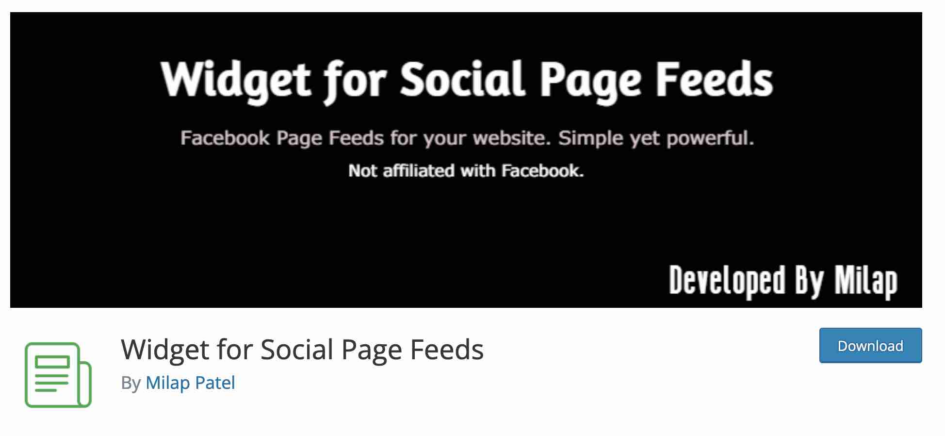 公式のWordPressディレクトリにダウンロードするためのソーシャルページフィードプラグインのウィジェット。