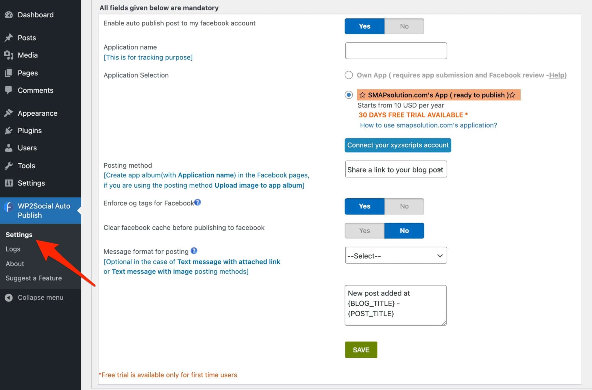 WordPressとFacebookを接続するためのWP2SocialAutoPublishプラグインの設定。