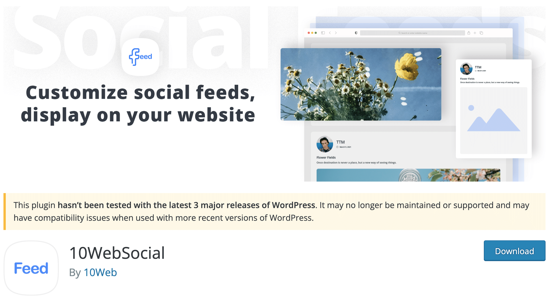 WordPressとFacebookを接続するために公式のWordPressディレクトリにダウンロードする10WebSocialプラグイン。