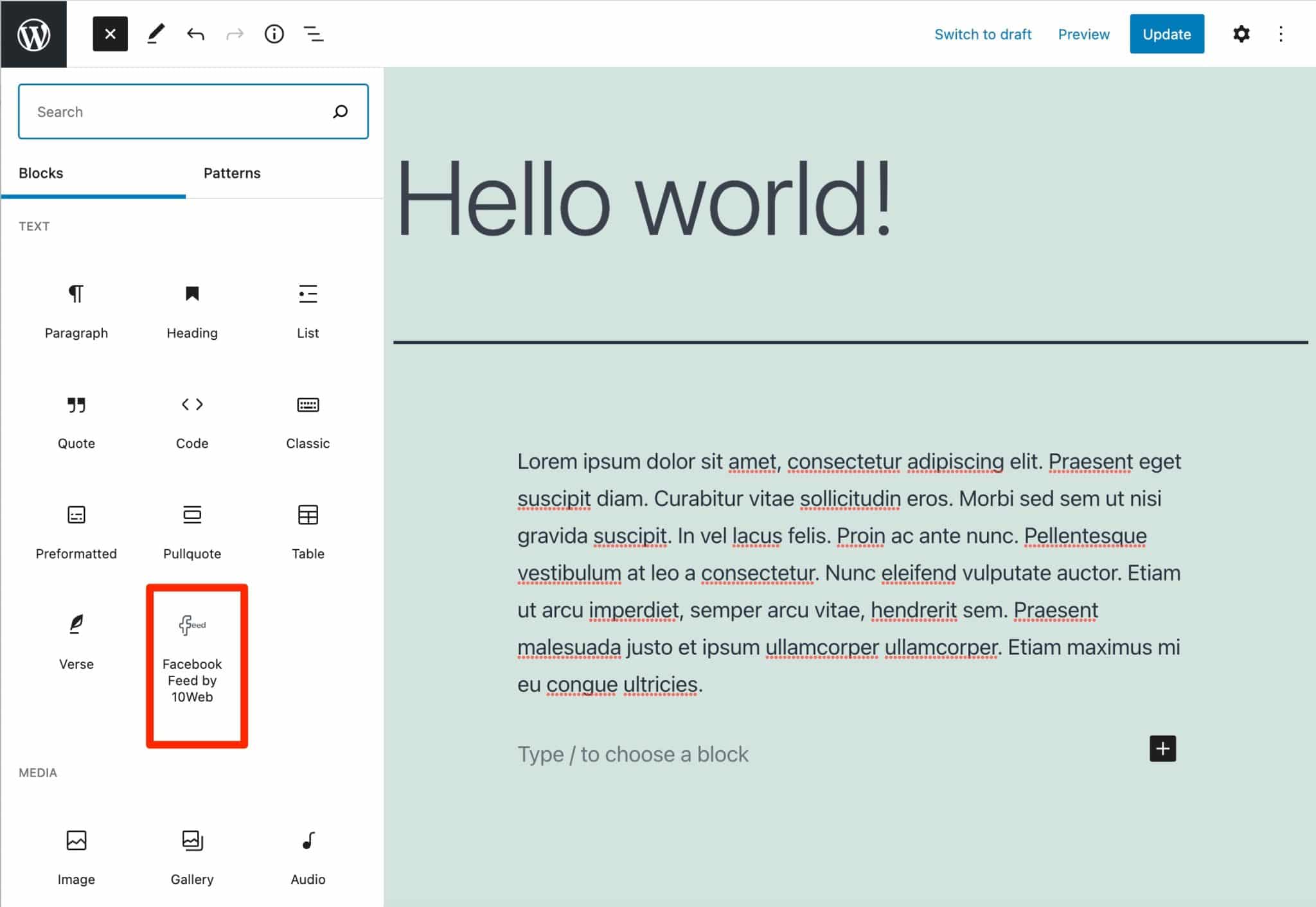 WordPressの10WebGutenbergブロックによるFacebookフィード。