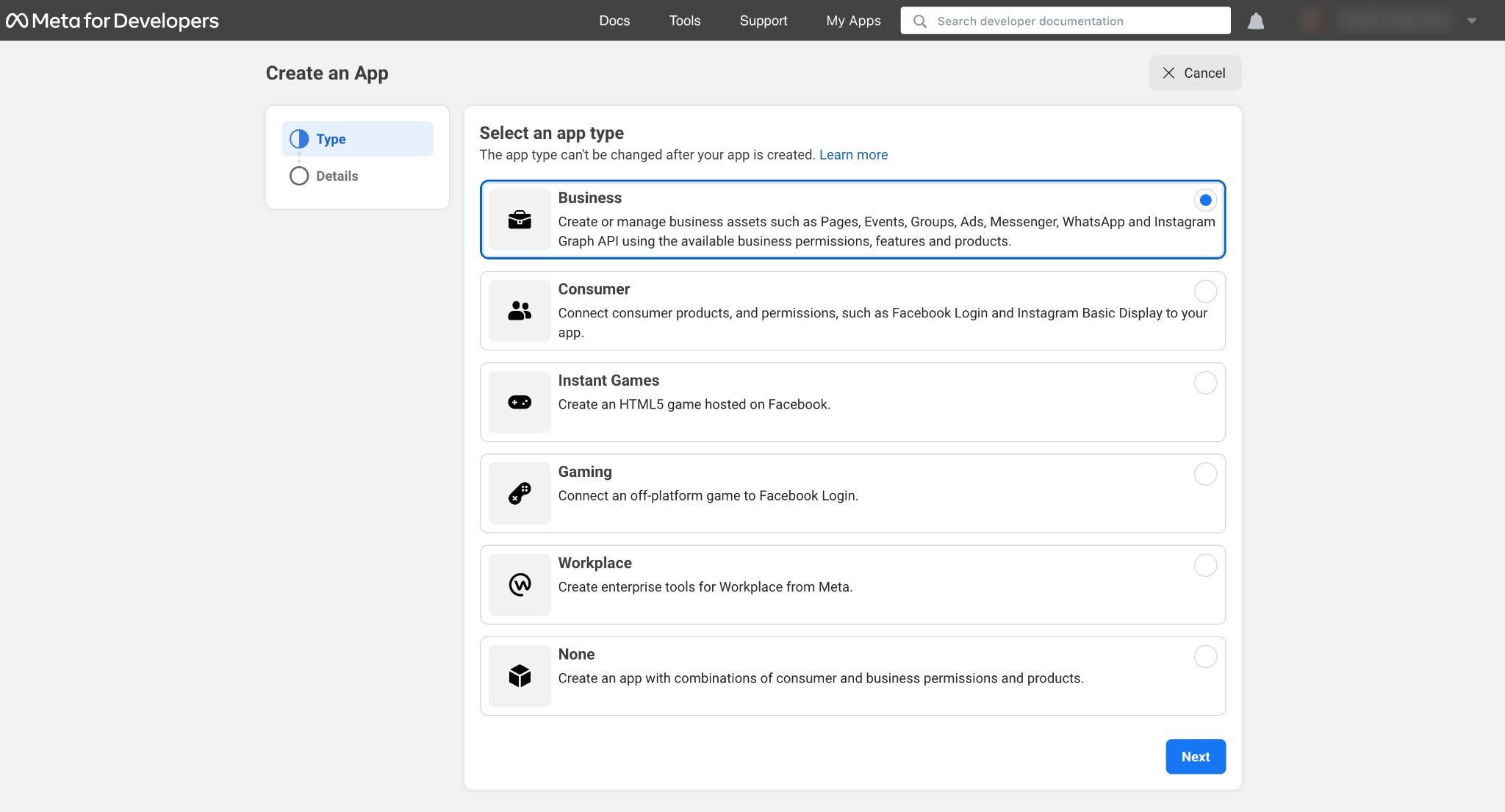 Meta for Developersでアプリの種類を選択します:ビジネス、消費者、インスタントゲーム、ゲーム、職場、なし。