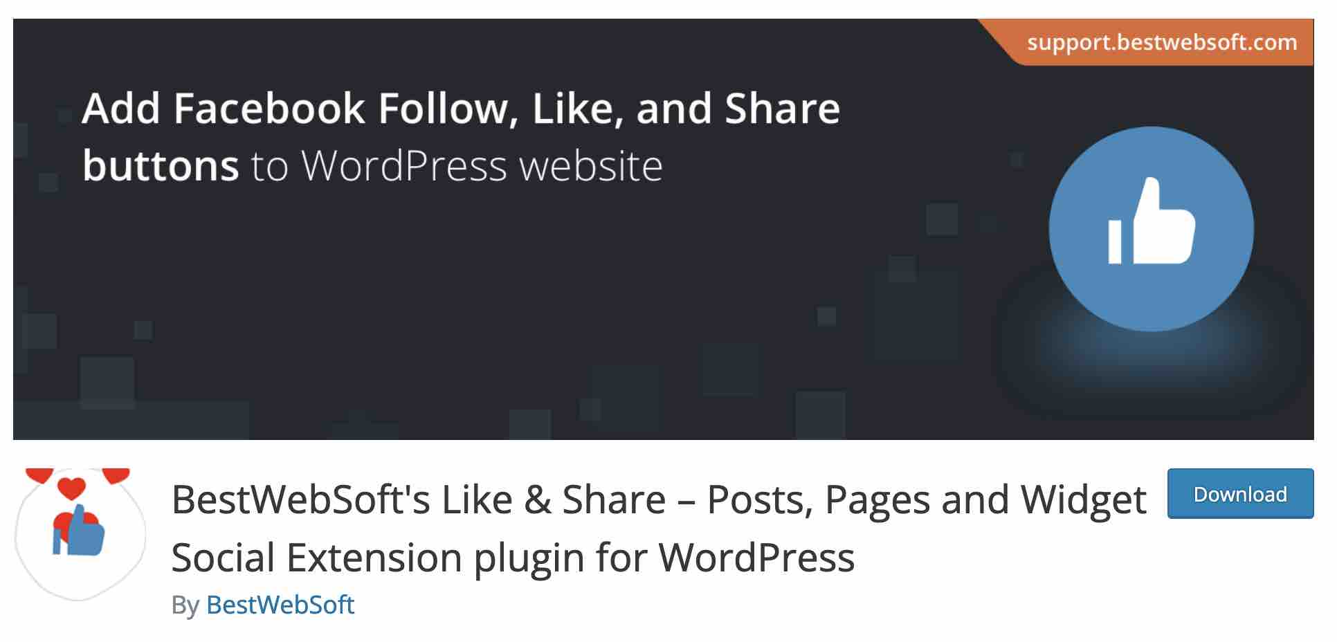 公式のWordPressリポジトリにダウンロードするBestWebSoftのLike&Shareプラグイン。