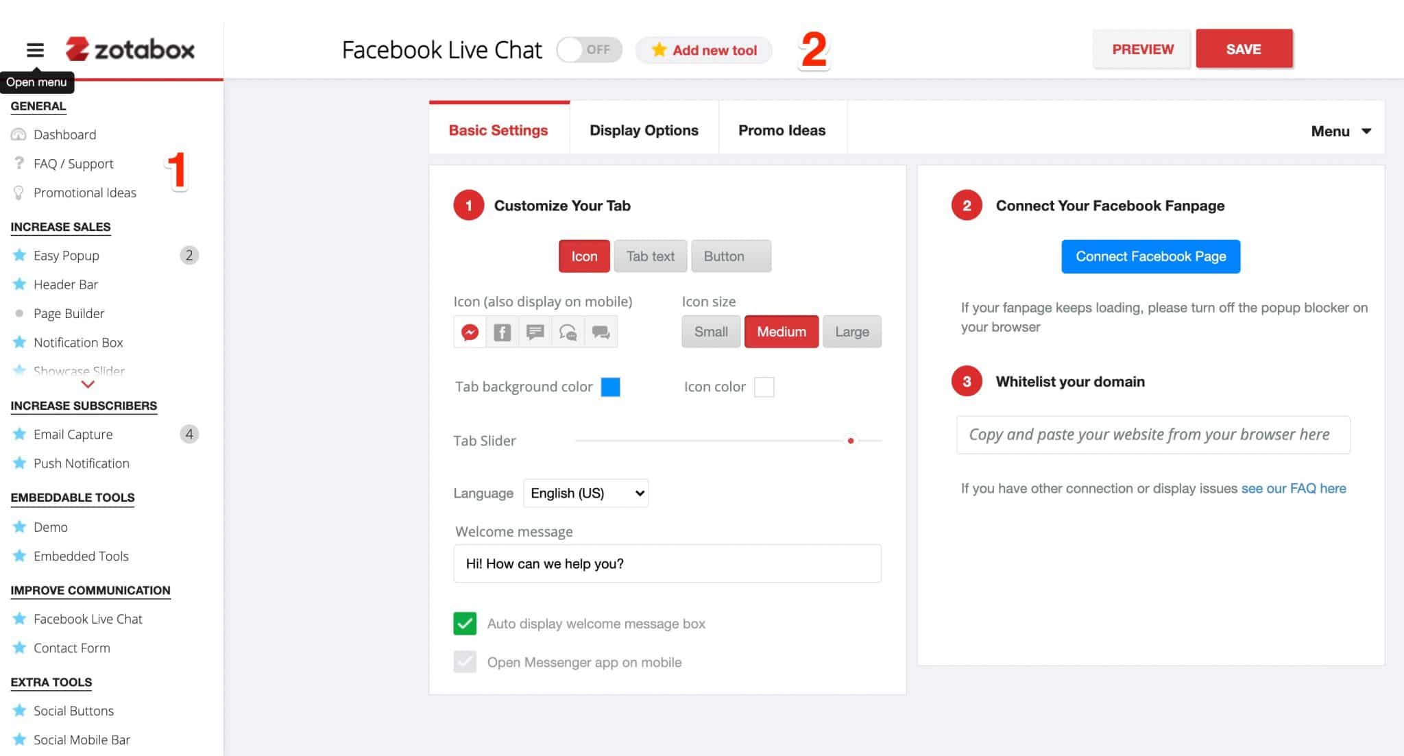 ZotaboxFacebookライブチャットダッシュボードと設定。