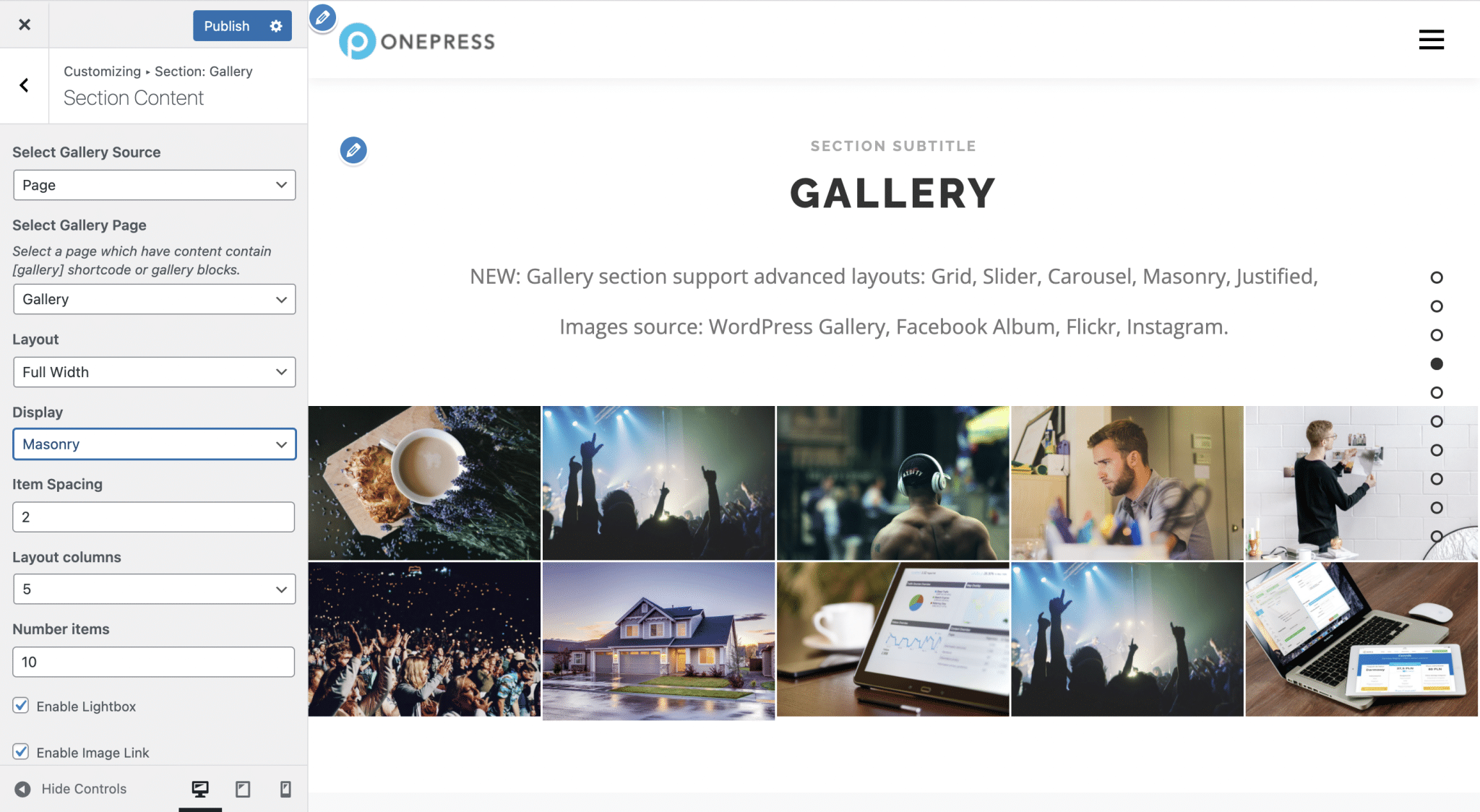 Bir WordPress OnePress sitesinin "Galeri" bölümü ayarları.