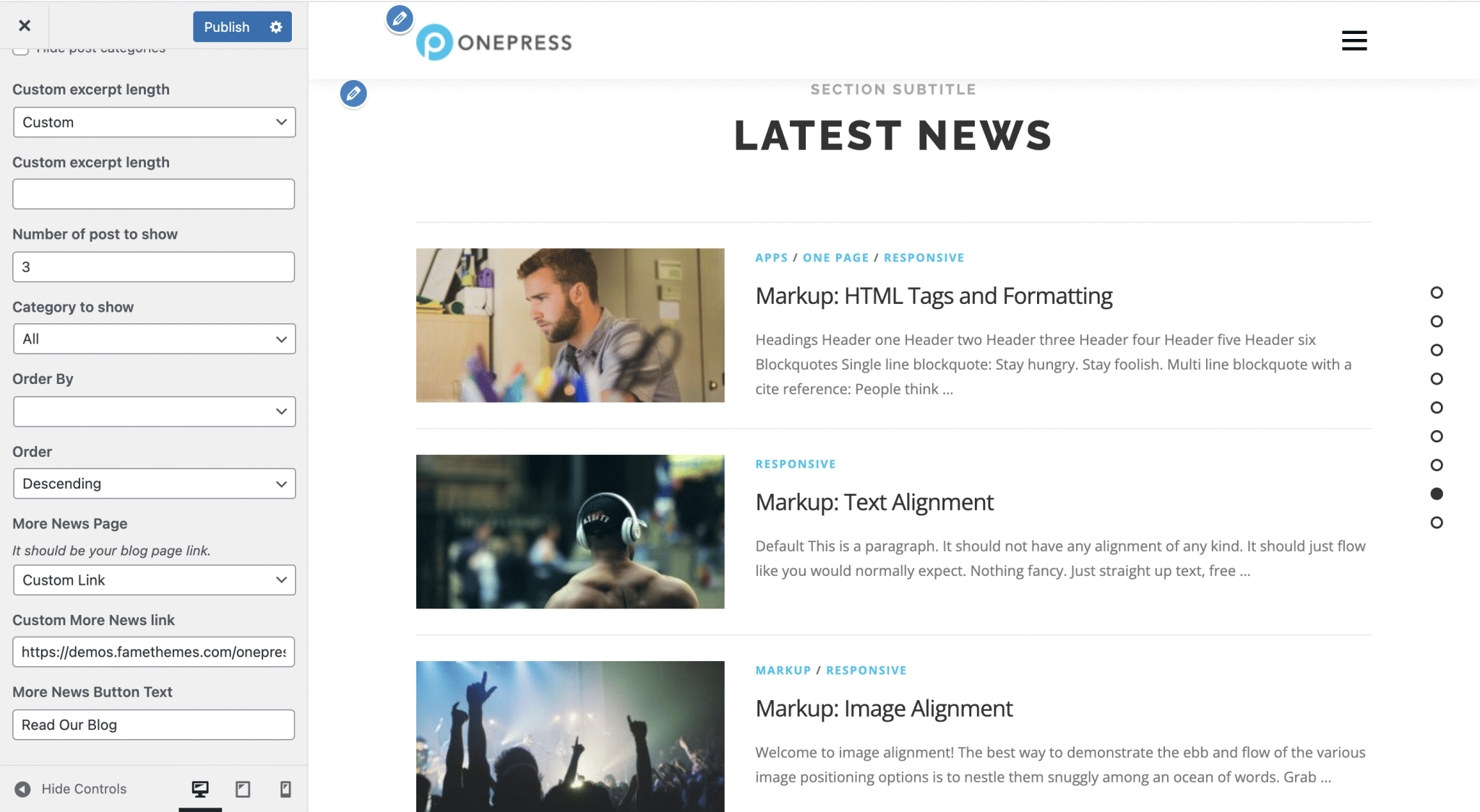 Bir WordPress OnePress sitesinin "Haberler" bölümü ayarları.