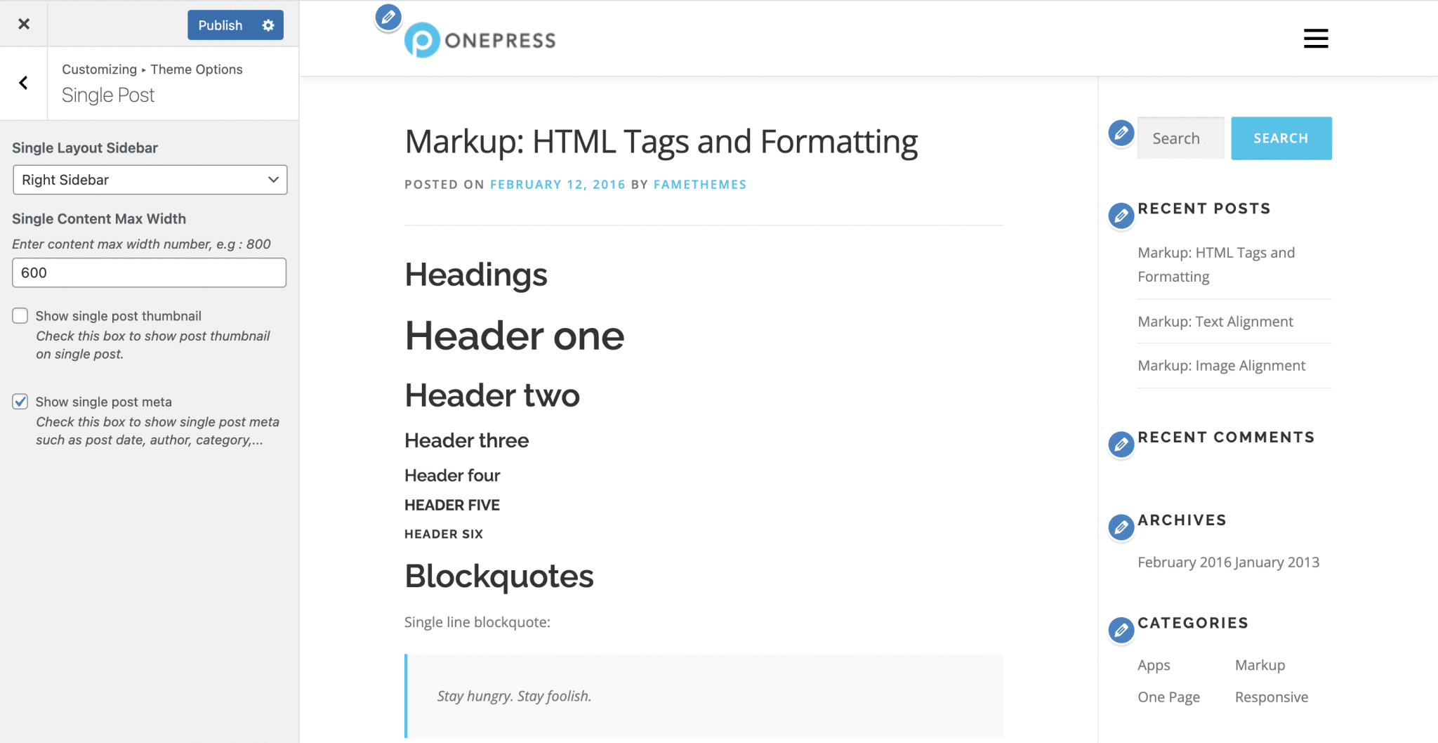 OnePress teması tek gönderi özelleştirmesi.