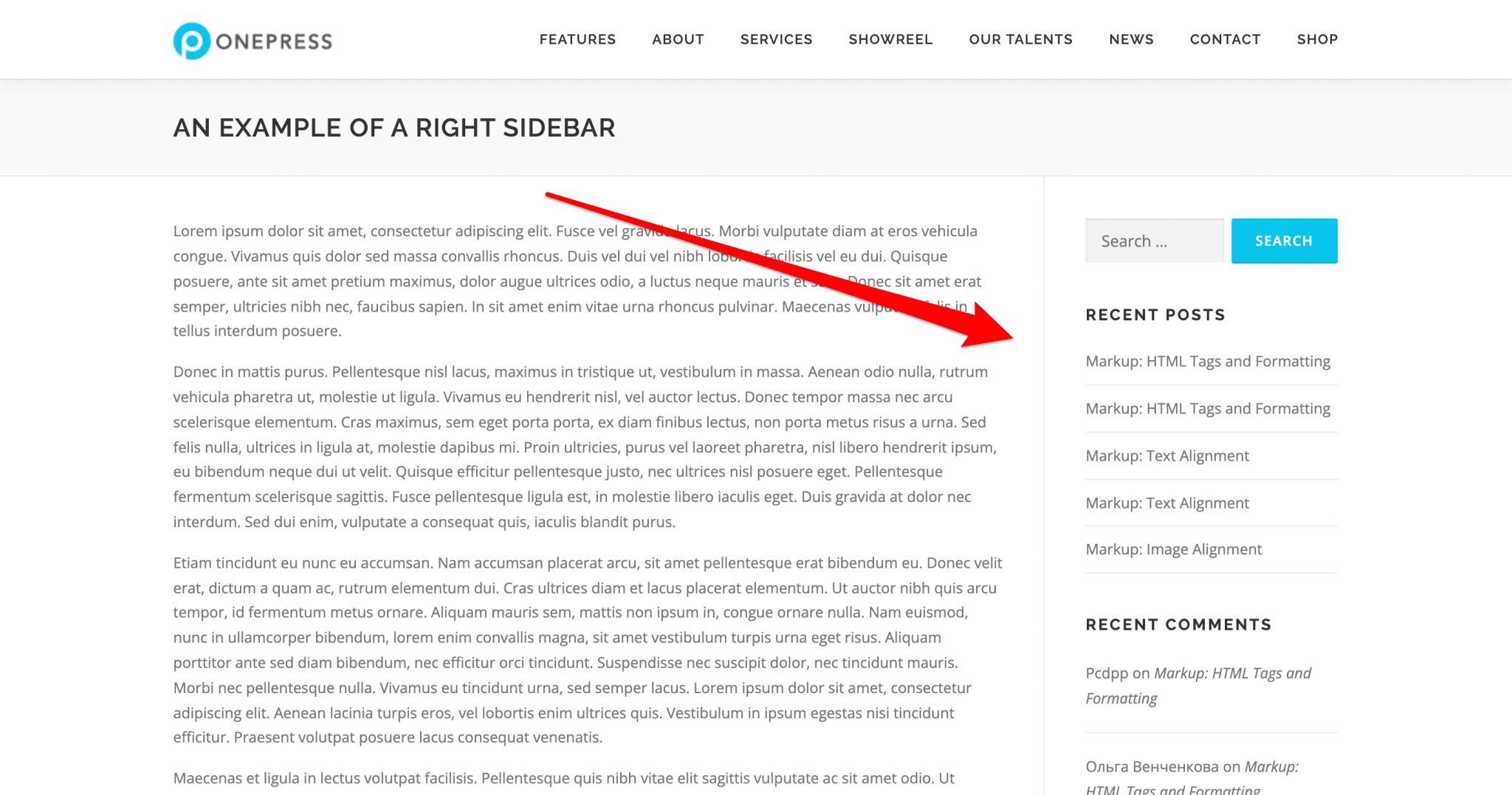 OnePress sitesinde sağ tarafa yerleştirilmiş bir kenar çubuğu.