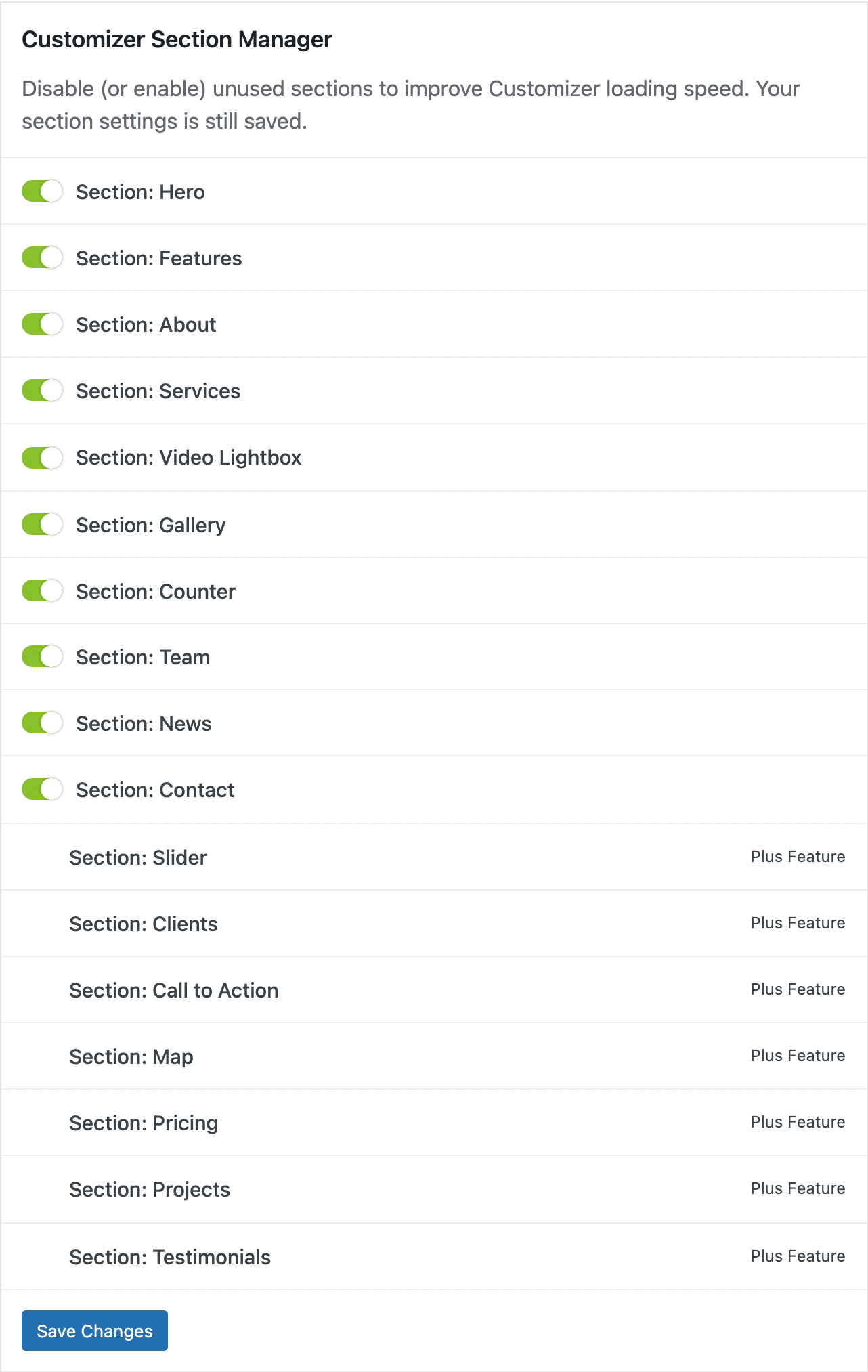 WordPress OnePress temasının özelleştirici bölüm yöneticisi.