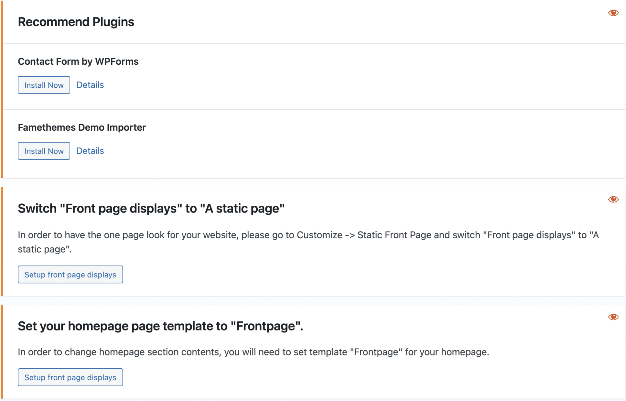 OnePress temasını WordPress'e yükledikten sonra önerilen eylemler.