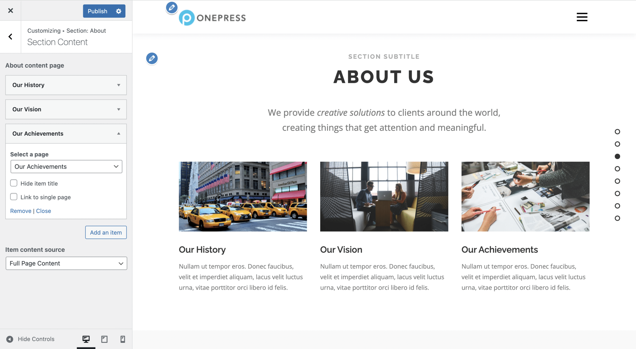 Bir WordPress OnePress sitesinin "Hakkında" bölümü ayarları.