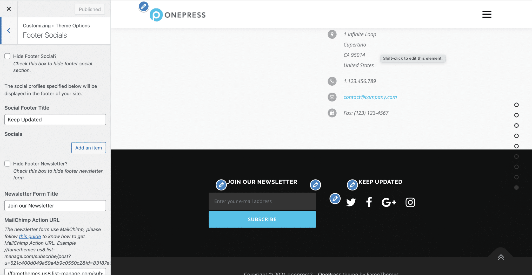 Altbilgideki sosyal medya simgelerinin OnePress teması özelleştirmesi.
