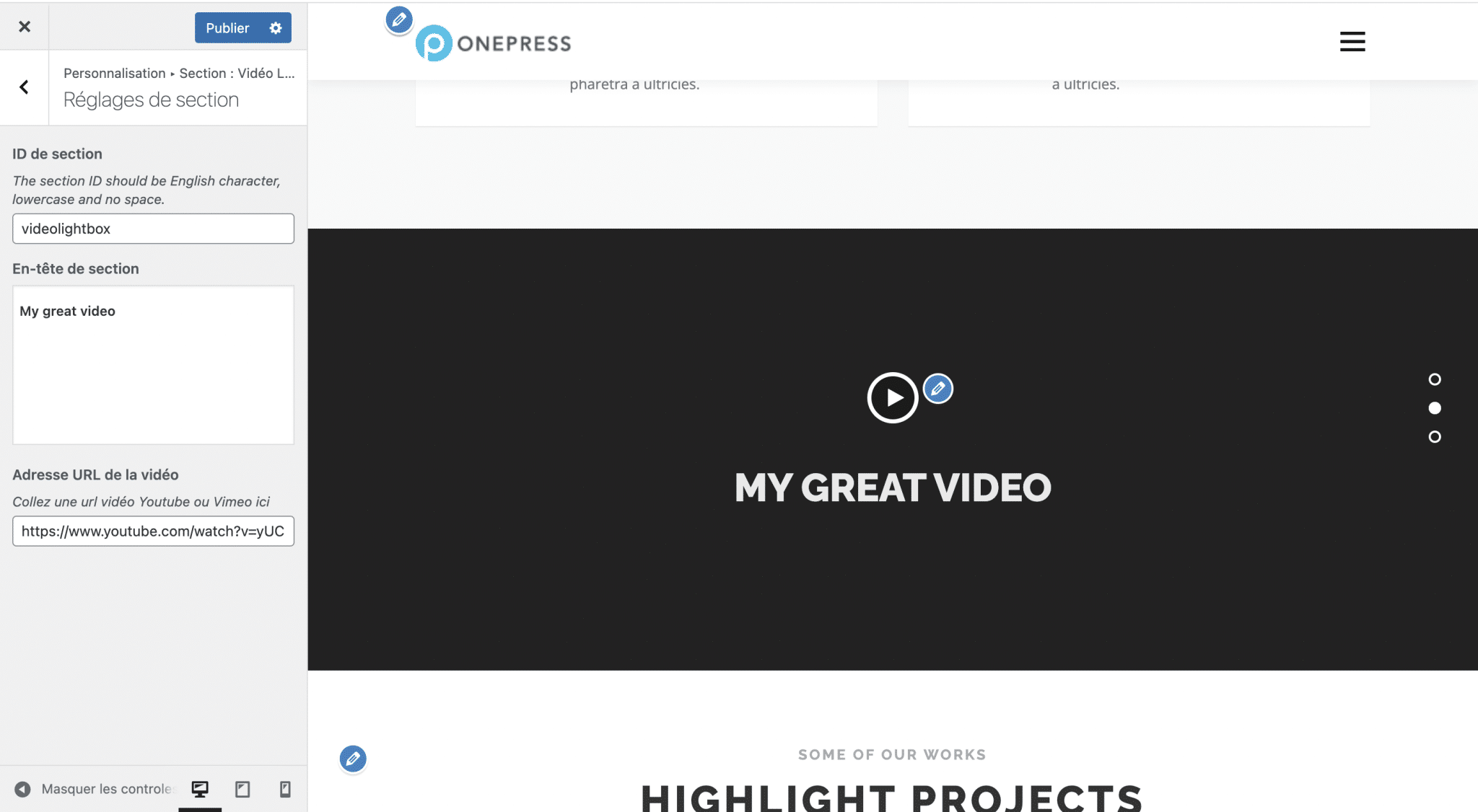 Bir WordPress OnePress sitesinin "Video ışık kutusu" bölümü ayarları.