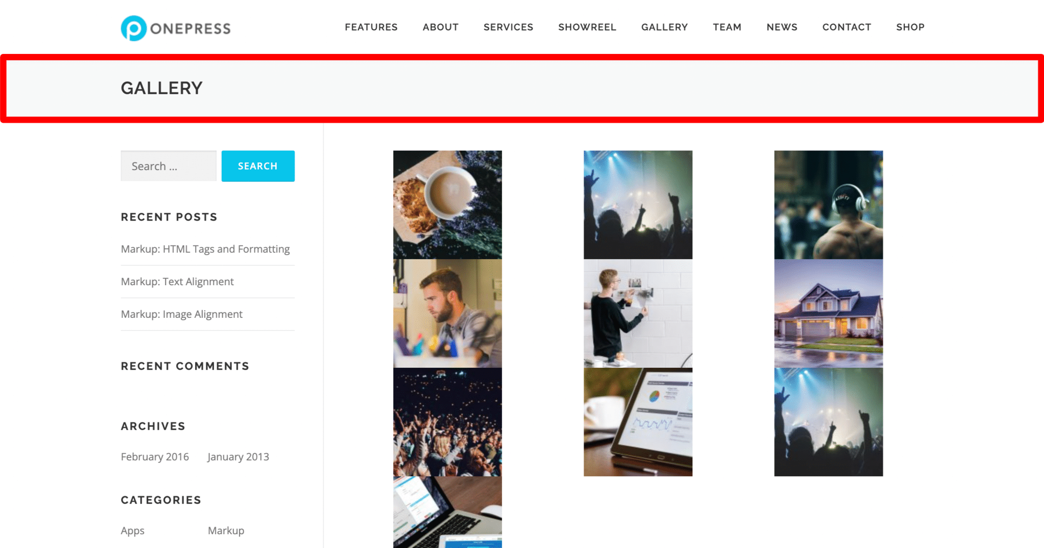 OnePress sitesinde bir sayfa başlığı alanı.