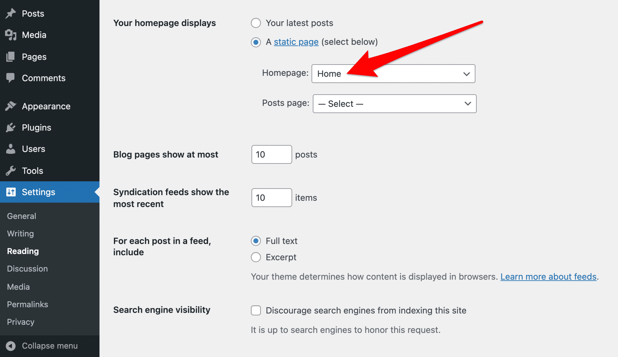 OnePress teması, bir sayfanın ana sayfa olarak ayarlanmasını ister.