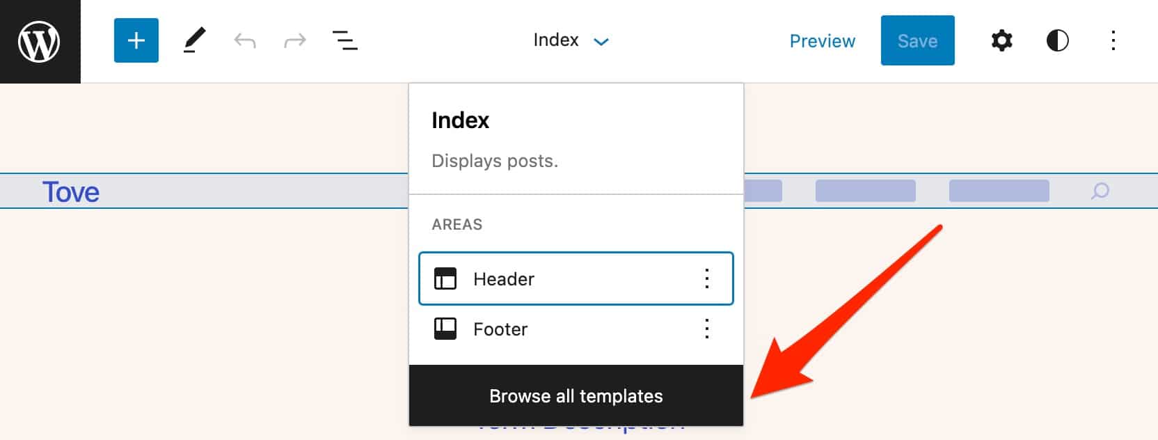 WordPressToveテーマテンプレートの閲覧。
