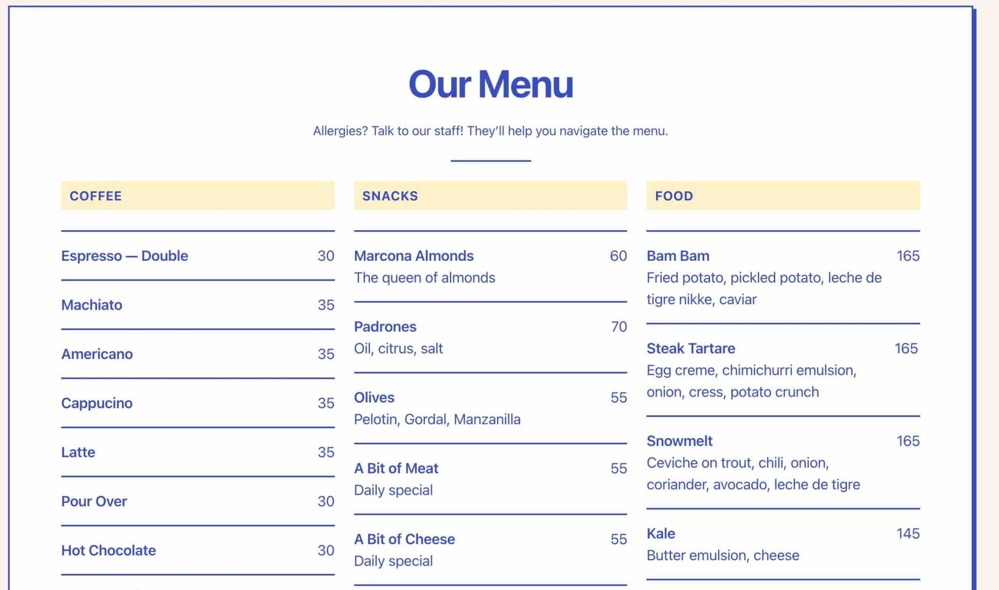 レストランの典型的なメニュー例を示すToveテーマパターン。