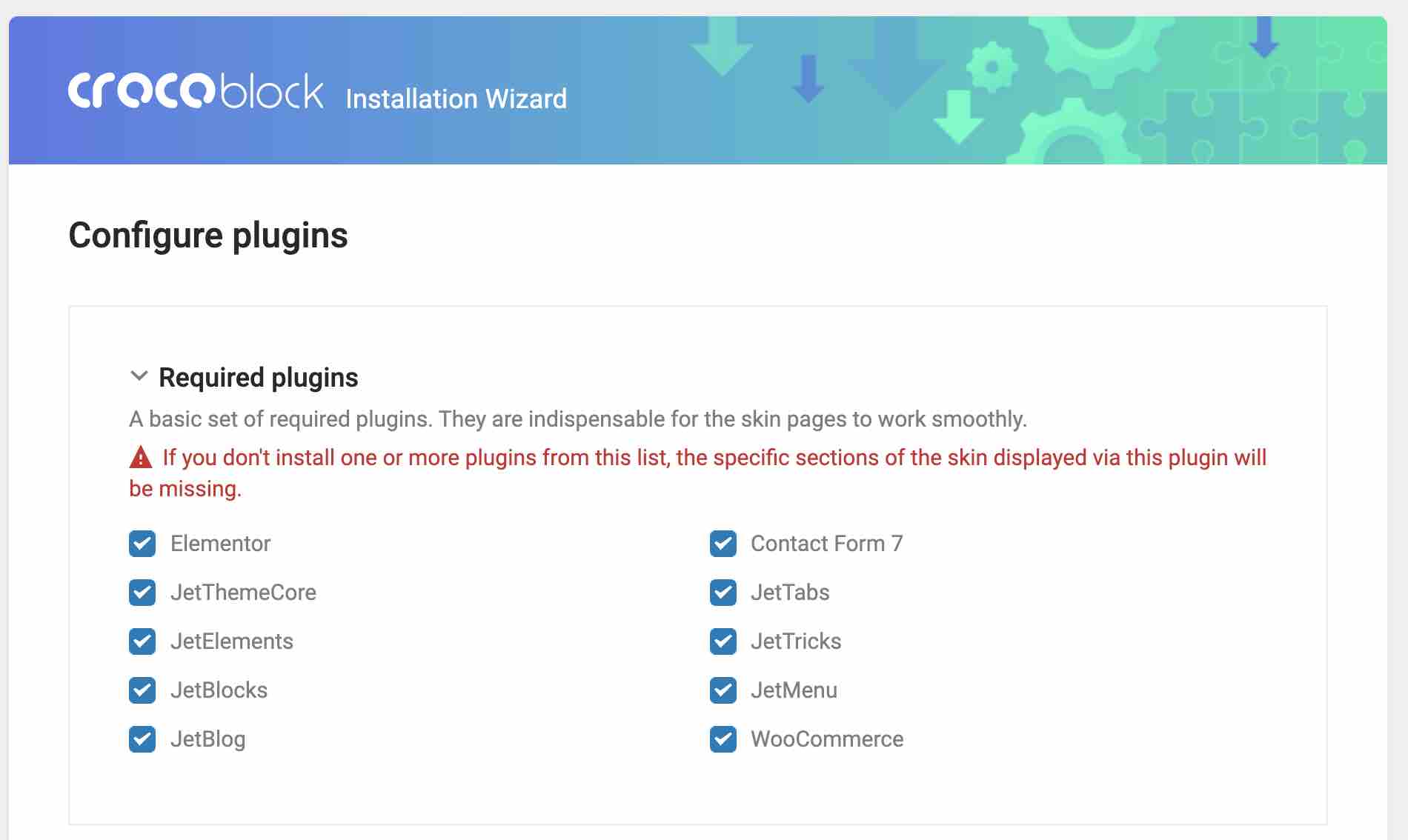 Crocoblockインストールウィザードでのプラグインの構成。