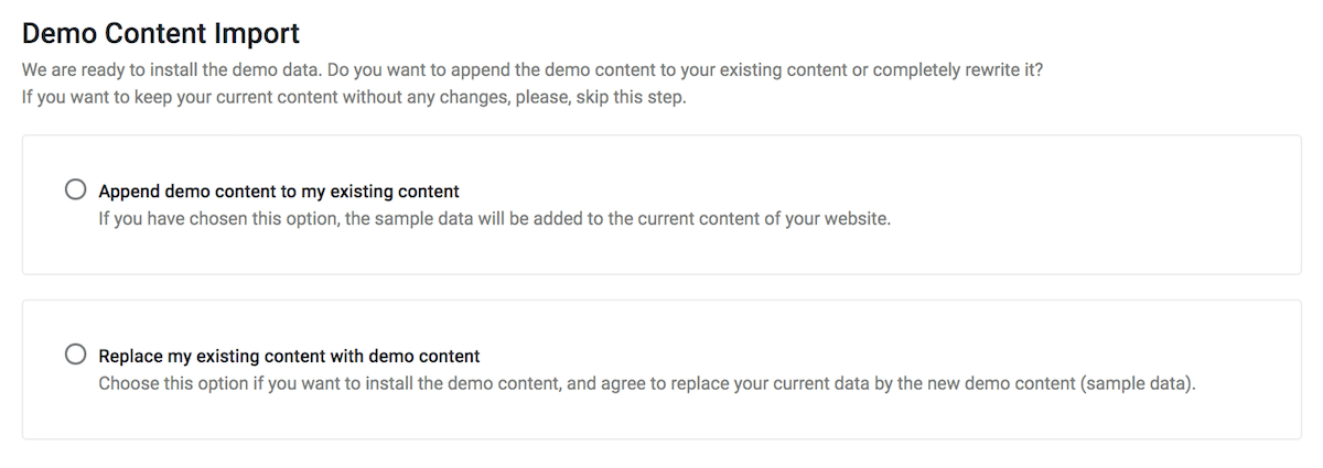Crocoblockを使用して、デモのコンテンツをシンプルかつ明確な方法でインポートします。