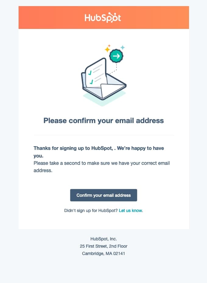 Ejemplo de formulario de registro de boletín, ejemplo de confirmación de correo electrónico de HubSpot