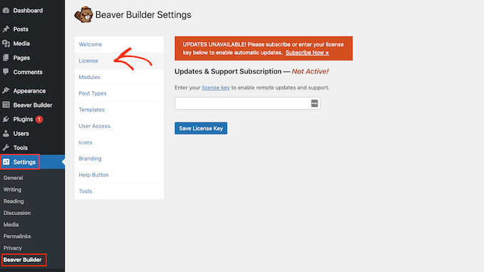 Agregar una clave de licencia en Beaver Builder