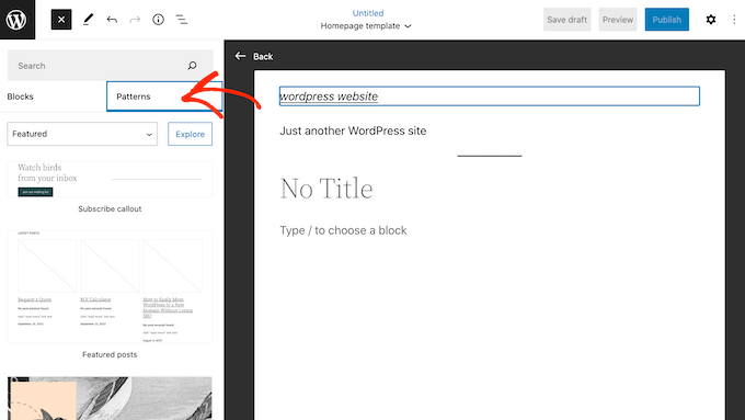 Una selección de patrones en el editor de WordPress
