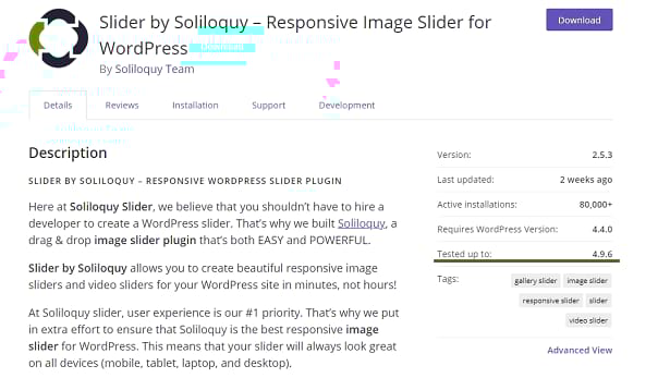 Soliloquy Slider WordPress page, with a description and basic info