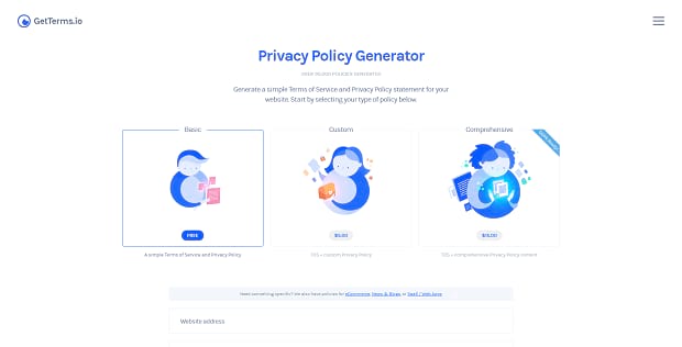 Privacy Policy Generator banner, showing some of the basic option the site provides
