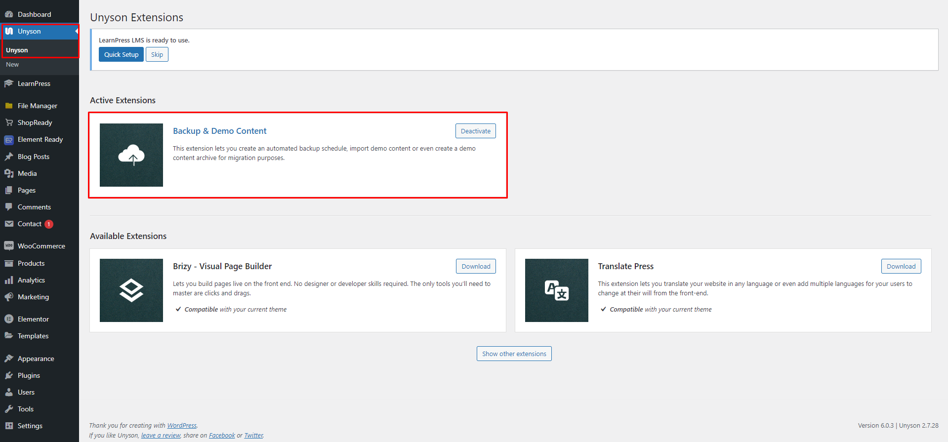Unyson - WordPress Plugin Dashboard