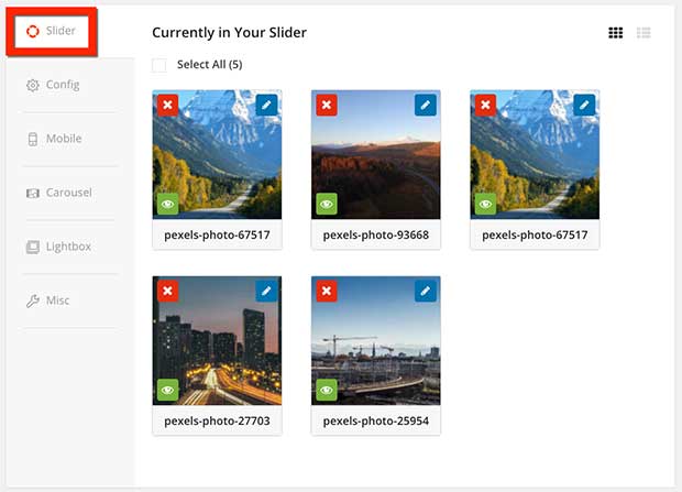 Soliloquy'nin resimlerin nasıl düzenleneceğini gösteren kaydırıcı ayarları
