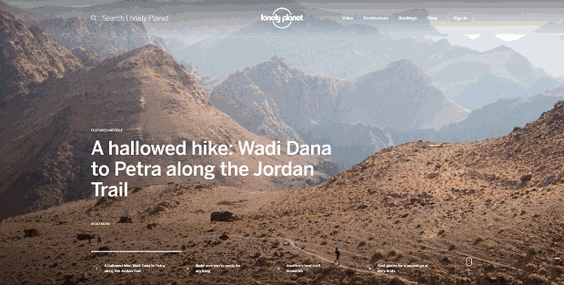 Lonely Planet'in manzaraları ve seyahat ekipmanlarını gösteren tam ekran görüntü kaydırıcısı